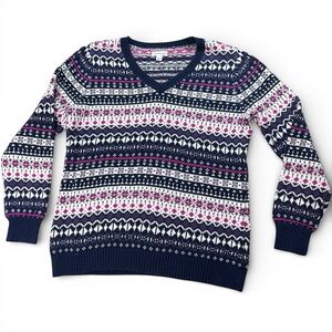 Croft & Barrow Fair Isle V-Neck Sweater Women’s Large Navy Pink Winter Knit